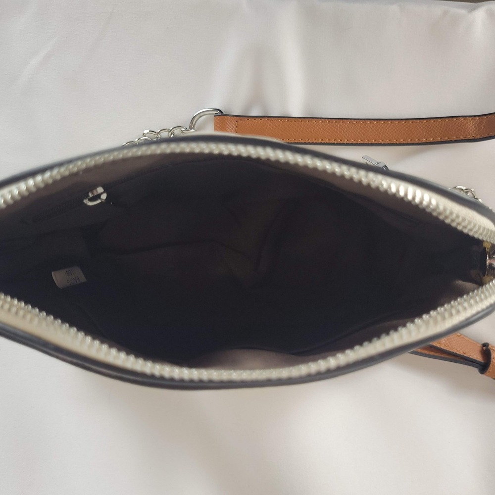 Cluci Cream & Tan Saffiano Faux Leather Dome Crossbody Bag Silver Chain Strap - Picture 8 of 9